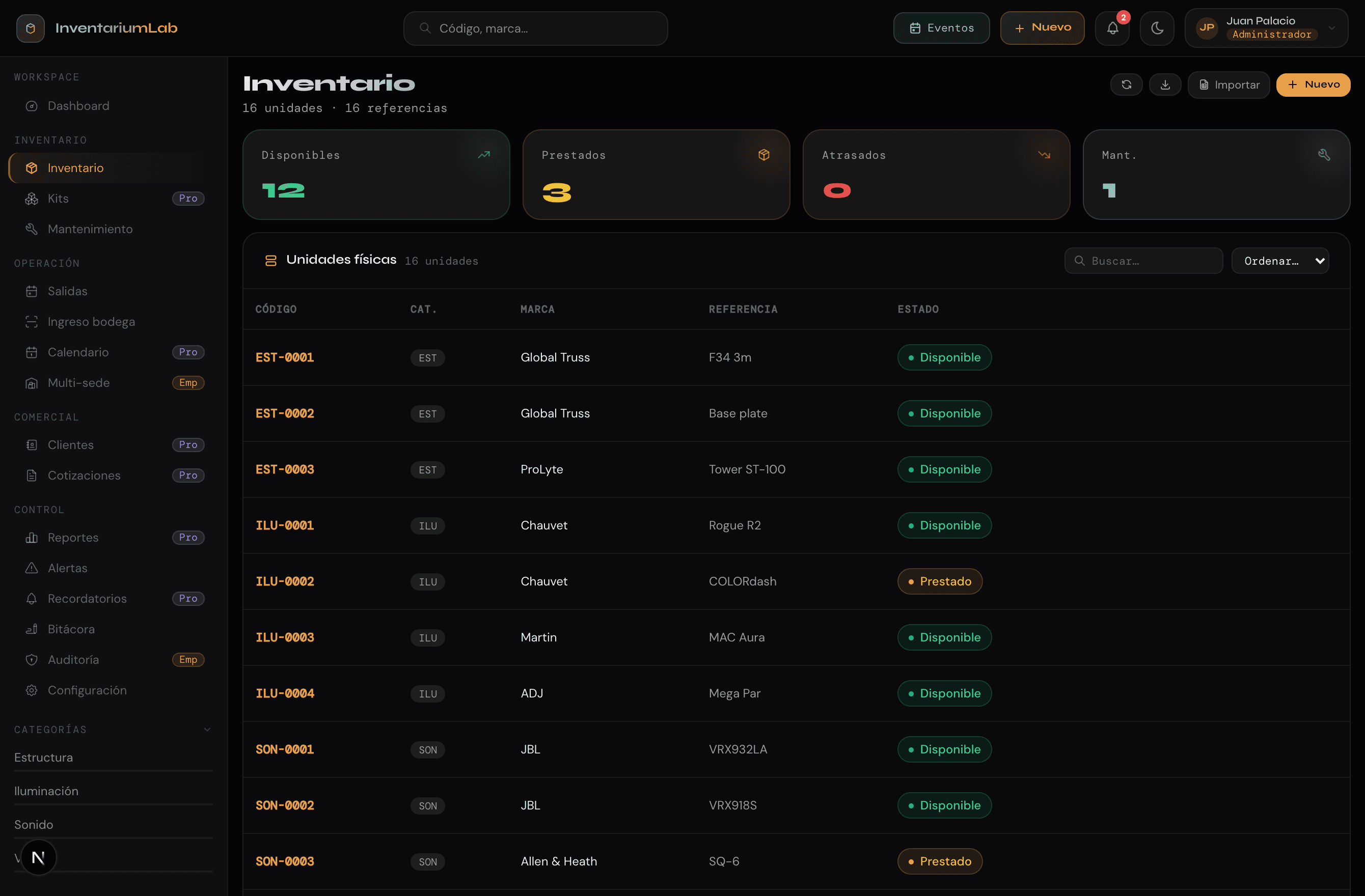 Pantalla de inventario de InventariumLab con la lista de equipos: código, categoría, marca, referencia y estado.