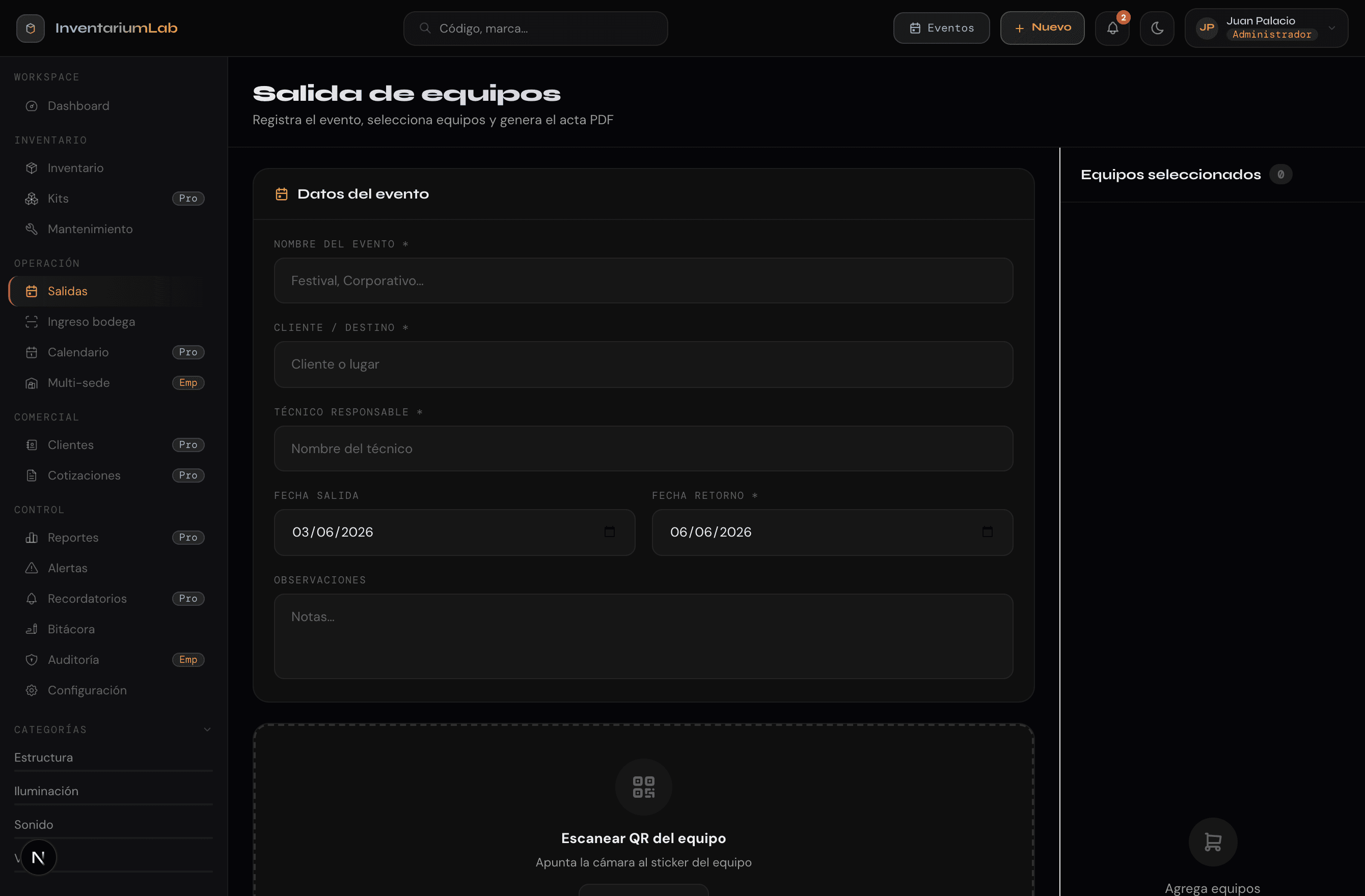 Pantalla de salida de equipos de InventariumLab con el carrito del evento.